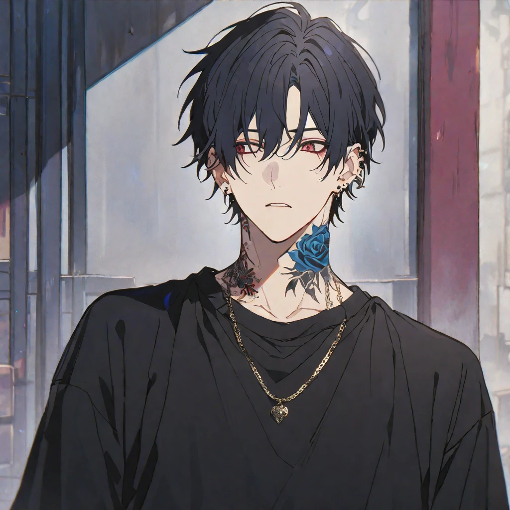 alone, 1 male, Black Hair, Red eyes, Black Shirt, ear piercing,Blue rose tattoo on neck,Gold Necklace