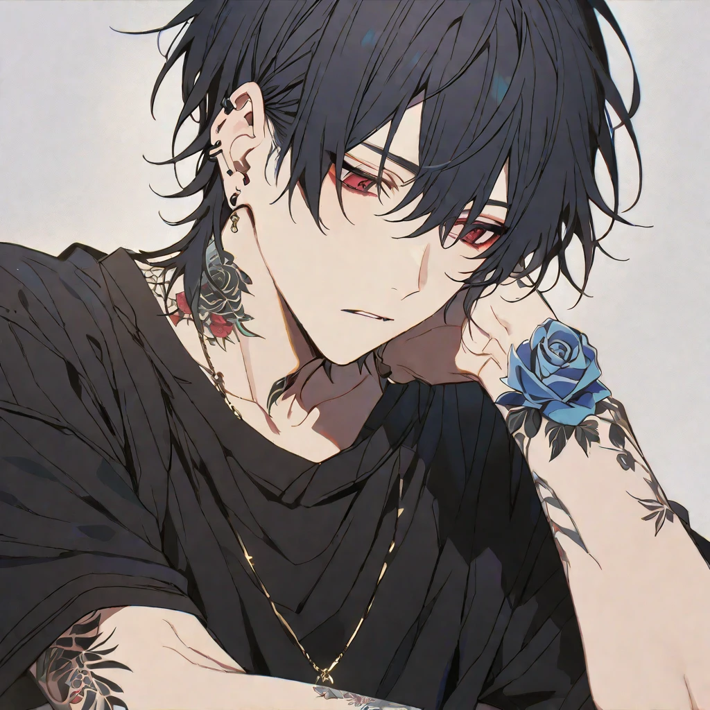 alone, 1 male, Black Hair, Red eyes, Black Shirt, ear piercing,Blue rose tattoo on neck,Gold Necklace