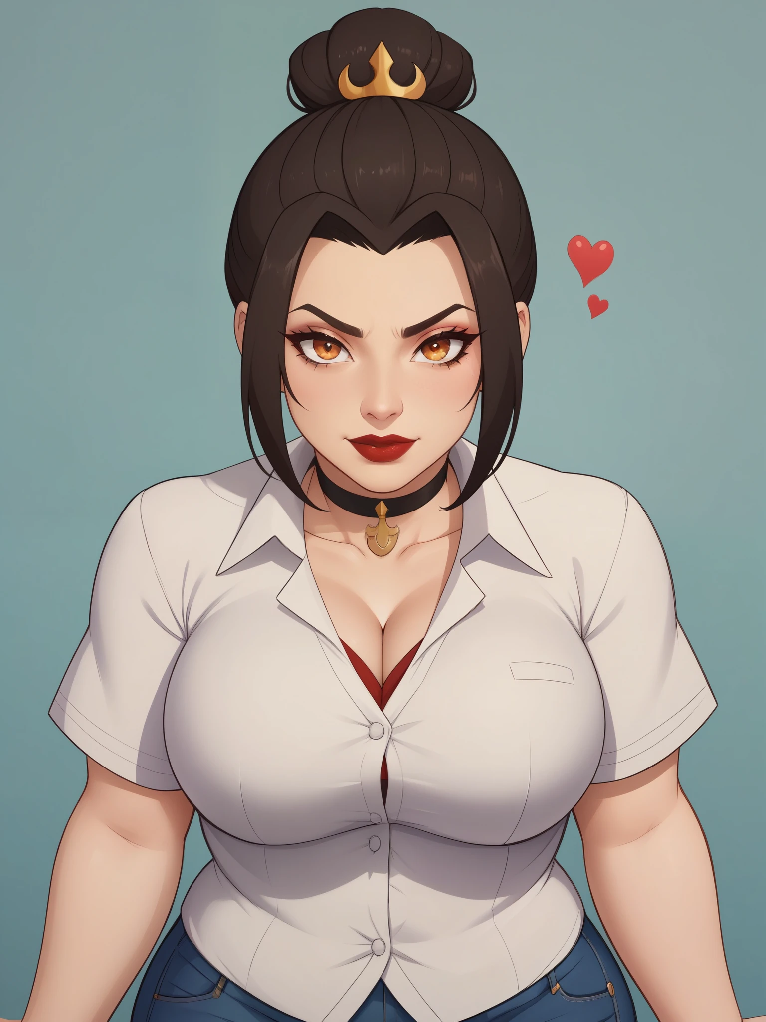 Azula. (a beautiful, young, fair-skinned, amber-eyed and bbw girl of medium height. Azula's makeup consists of mascara and red lipstick. Azula also has wavy dark brown hair down to the middle of her back with two additional strands above her shoulders. choker. school uniform. jeans. cardigan. bbw. heart. sitting. school