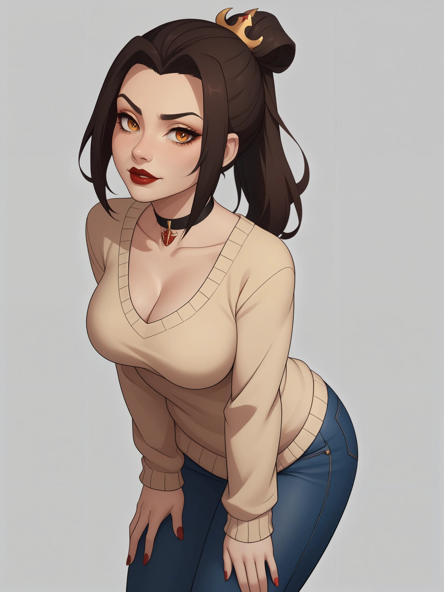 Azula. (a beautiful, young, fair-skinned, amber-eyed and medium height. Azula's makeup consists of mascara and red lipstick. Azula also has wavy dark brown hair down to the middle of her back with two additional strands above her shoulders. choker. jeans. cardigan. bbw. bar. leaning forward