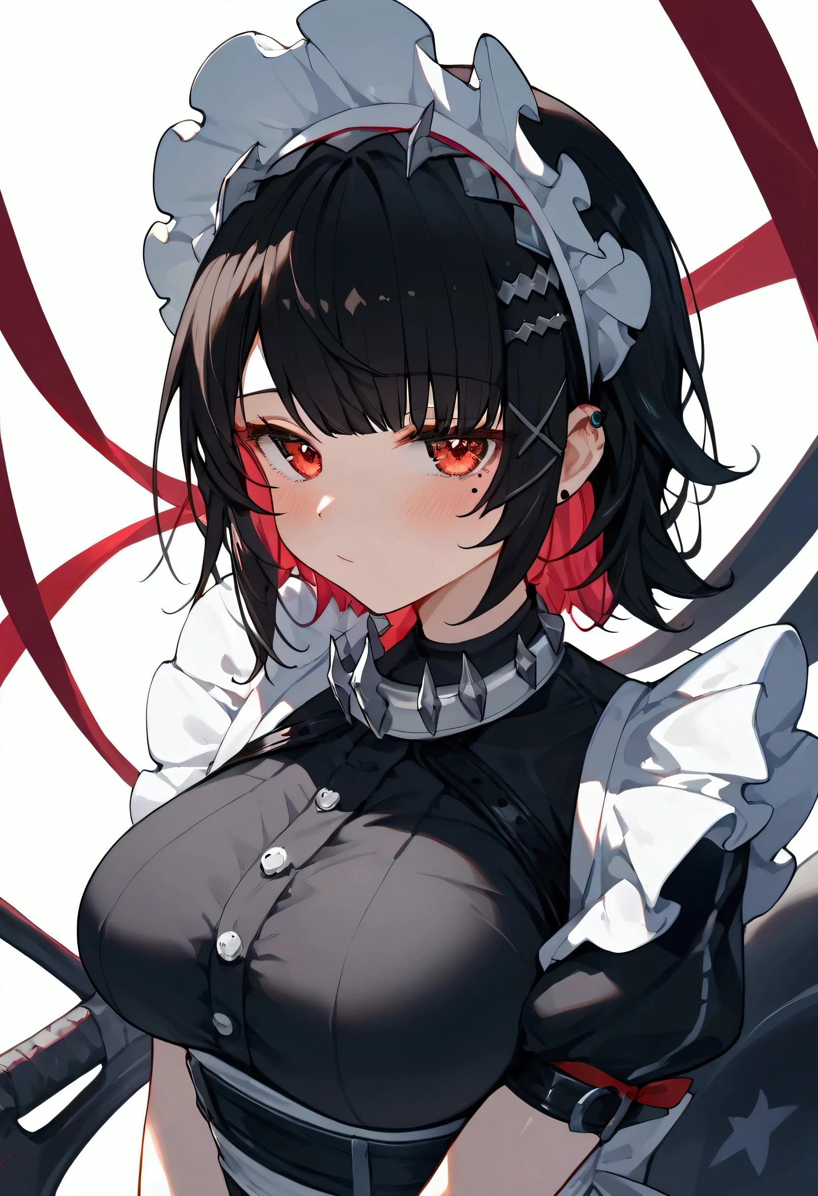 nai3, close up, masterpiece, Highest quality, One person, score_9, score_8_up, score_7_up, score_9, BREAK, 1girl,big breasts, solo, looking at viewer, blush, 1girl,ellen_joe,maid_headdress,black_dress,wrist_cuffs,puffy_short_sleeves,mole_under_eye,large_breasts,frilled_dress,black_pantyhose,medium_breasts, breast focus