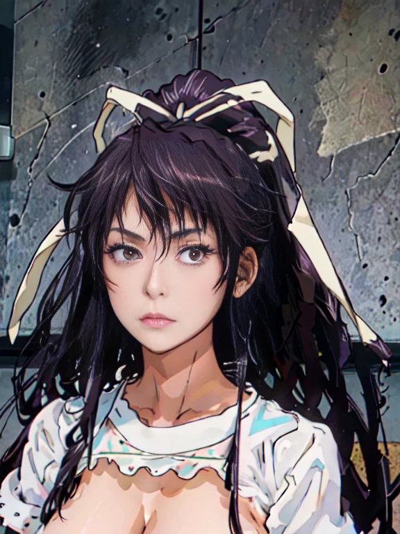 Only one female, Mature Woman, Super Real、Full body portrait /(The model is Kaori Kanzaki/), /(Long black purple hair, The face is slightly long and the eyes are narrow., Detailed face/) Fluffy eyelashes and thick eyeliner, Serious but shy expression。 (Top quality masterpiece:1.2) Delicate illustrations, super detailed, Large Breasts、Fallen angel erotic maid outfit。Waiting for orders。Apartment room。