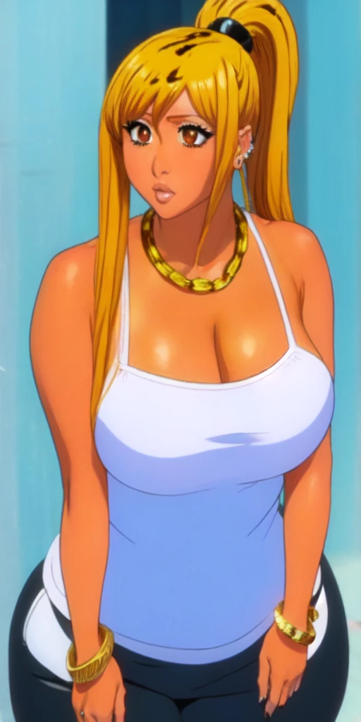 Orihime Inoue,Bleach artstyle,Big breast,Enchanted big breast,Tanned skin,Thick lips,Eyelash,Big Hoopa earring,Gold chain necklace,Circle piercing in lips,Leopard print Tank top,Cleavage,thin black pants,Curvy figure,Plump,Hoopa bracelet,Super Ponytail hairstyle,Peach fuzz ponytail,Hime cut bang,Mature,Milf,Long nail,Wedding ring,Side burn visible,look at viewer