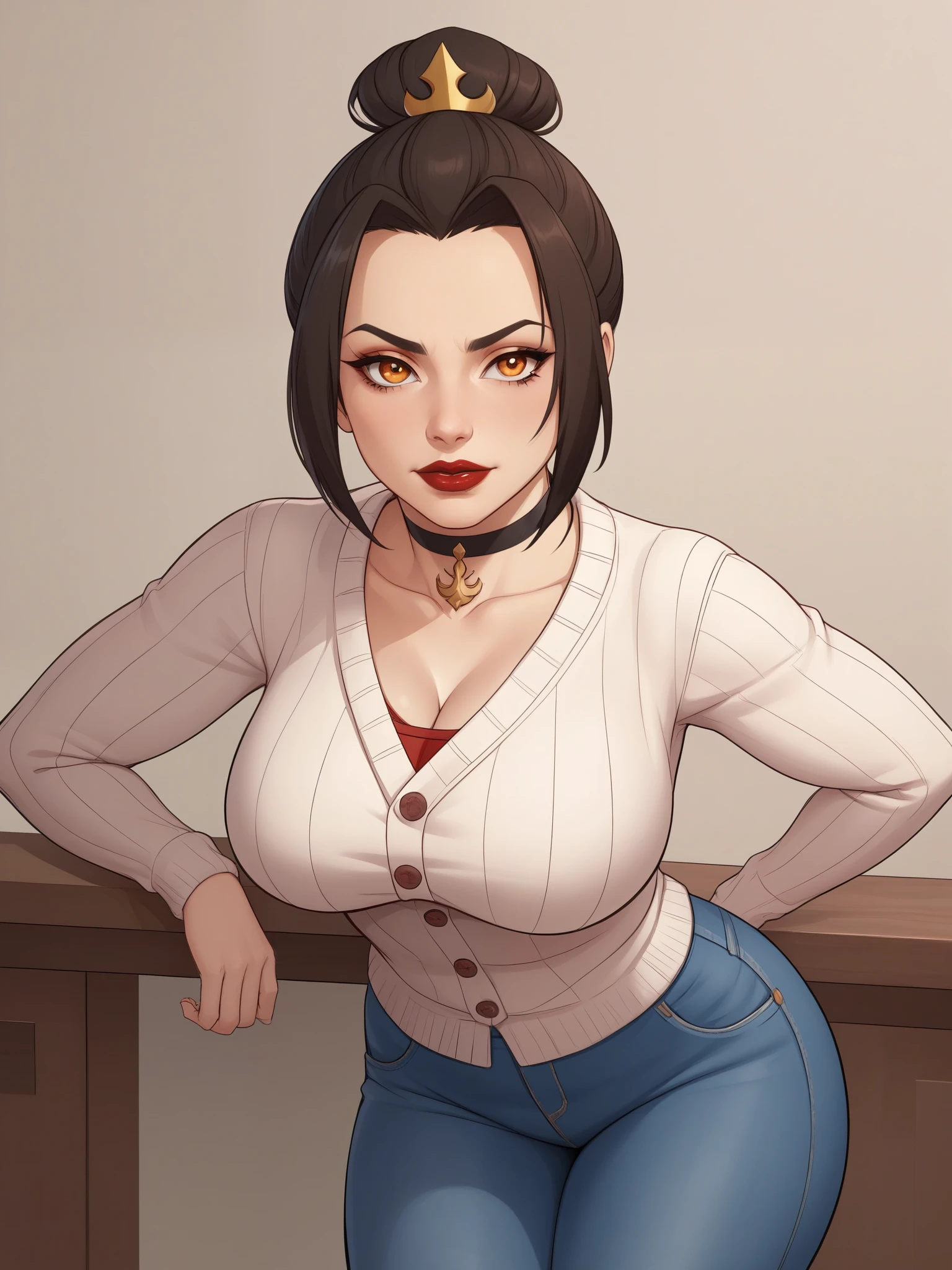 Azula. (a beautiful, young, fair-skinned, amber-eyed and medium height. Azula's makeup consists of mascara and red lipstick. Azula also has wavy dark brown hair down to the middle of her back with two additional strands above her shoulders. choker. jeans. cardigan. bbw. bar. leaning forward