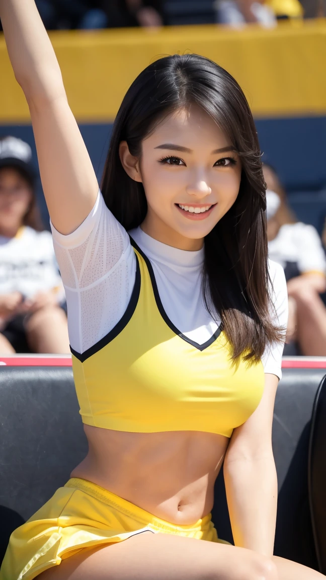 Jumping、Shooting at the stadium、Wearing a cheerleader costume、(((having cheerleader pom poms)))、smile、Are standing、((Best Quality, 8K, masterpiece :1.3)), Full body、sexy girl with perfect figure :1.4, Slender Abs :1.1, ((Huge breasts :1.2)),Ultra-detailed face and skin