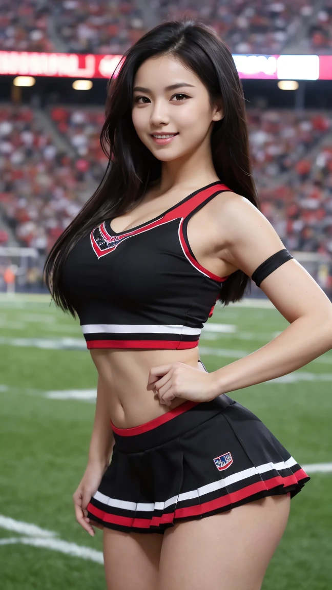 ((One Cheerleader 1.5)), ((Woman in her late 30s)), Cheerleaders at the stadium, ((Black cheerleader uniform 1.3)), ((White mini skirt 1.3)) , (Knee High Socks 1.4), ((Sweaty 1.5)), Long black hair, Red lips, Shadow Eye, Sexy makeup,(( Beautiful and big breasts 1.1)), Thighs , ((Shiny skin 1.4)), high resolution,(Realistic Photo,Realistic photos), ((Beautiful and slender body)), (Stadium Background), Captivating woman, high quality, Highly detailed skin