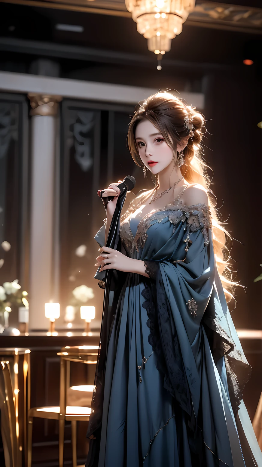 ((best quality)), ((masterpiece)), (detailed), perfect face, high detailed eyes, A scene in a sophisticated night lounge featuring a jazz singer, a blonde woman, dressed in an elegant, dark blue, floor-length gown. She stands on a small stage with dim, warm lighting, holding a vintage microphone, while a jazz band plays softly in the background. The lounge is filled with round tables and plush velvet chairs, with guests enjoying cocktails. The atmosphere is moody and intimate, with a smoky haze and low, ambient light. The singer has a charismatic expression as she sings, embodying the spirit of classic jazz in a luxurious setting