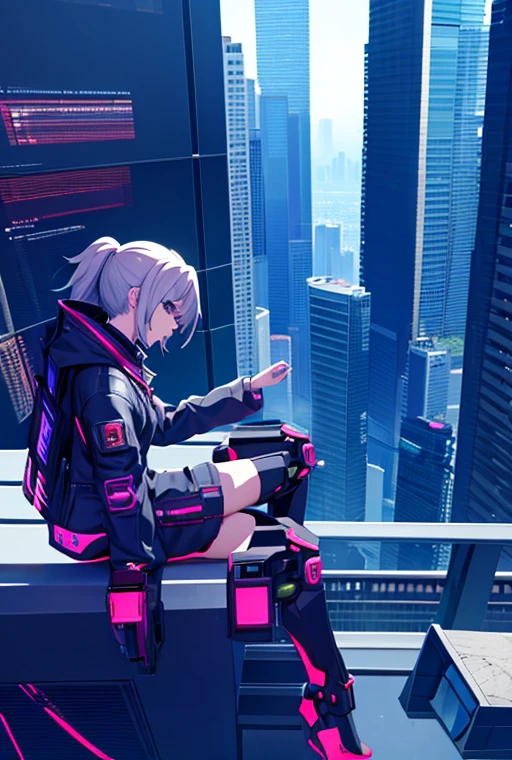 Woman sitting on a ledge in a city with sky background, cyberpunk anime girl mech, cyberpunk pixel art, digital cyberpunk anime art, cyberpunk anime art, فن cyberpunk anime رقمي, Cyberpunk art style, cyberpunk anime art, Anime mecha aesthetics, Modern Cyberpunk Anime, cyberpunk anime, cyberpunk art style, cyberpunk anime girl, Digital Cyberpunk Anime!!