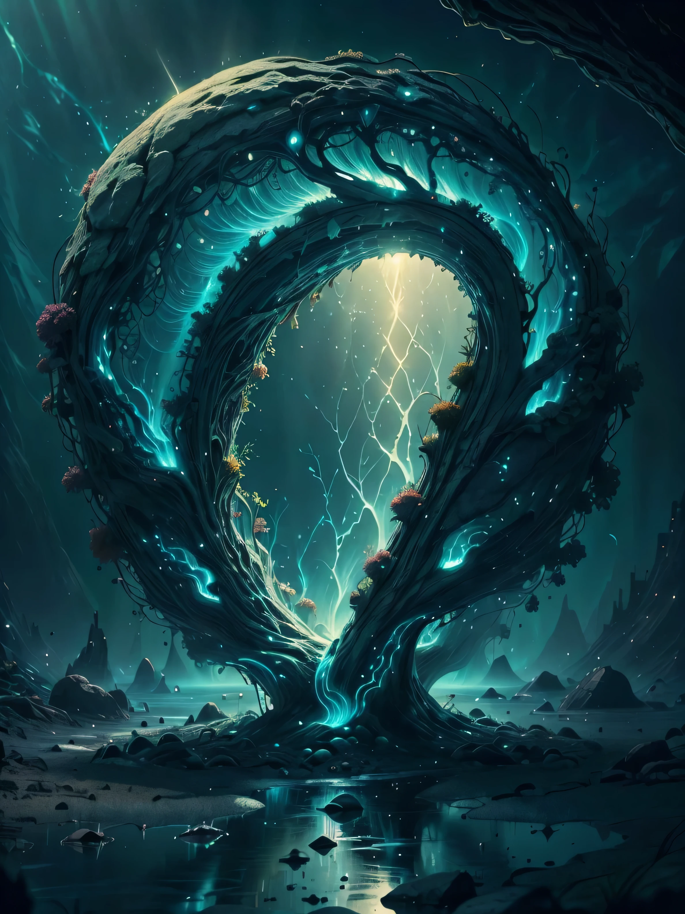 (((Masterpiece))), Best Quality, High-resolution photograph, realistic perspective, Create an abstract piece of art inspired by the quote "The wound is the place where the light enters you" by Rumi. The artwork should focus on the concept of bioluminescence to symbolize the light entering through the wound. Use glowing, organic shapes and soft, fluid forms to represent both the pain (wound) and the healing (light). The light should emerge from dark, shadowy areas, illuminating the composition in a way that feels both ethereal and transformative. Incorporate a sense of movement that implies growth or change, as if life is blooming from the darkness. (extremely intricate:1.3), 4k, 8k
