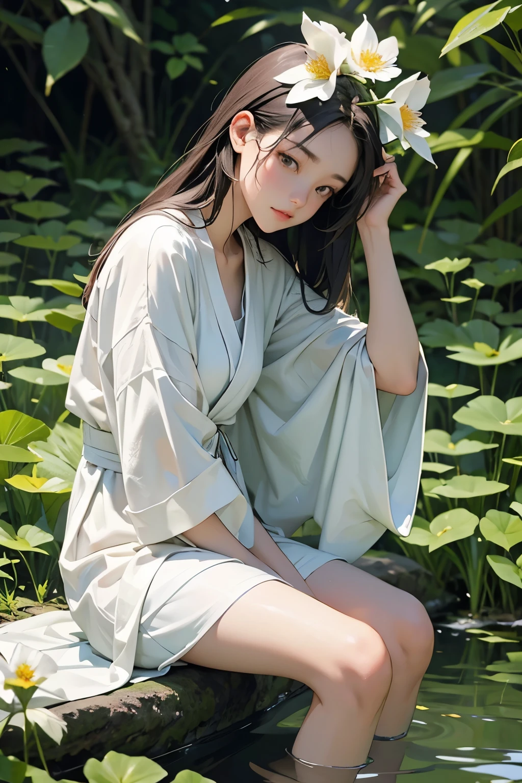 table top, highest quality, 8k, , teen, RAW ph absurd, award-winning portraits, smile, smile, alone, idol face, violaces, gardenia, delicate girl, Upper body,full body shot, Digital single-lens reflex camera, looking at the viewer, Frank, Sophisticated, Zora々right, thin arms,small mouth,cute face, beautiful and slim legs、slim body、professional lighting, film grain, chromatic aberration, (Eye and face details:1.0), (Bokeh:1.1), White Japan Kimono、white shrine maiden clothes、elementary school girl、Big waterfall、rain、beautiful slim legs、sitting