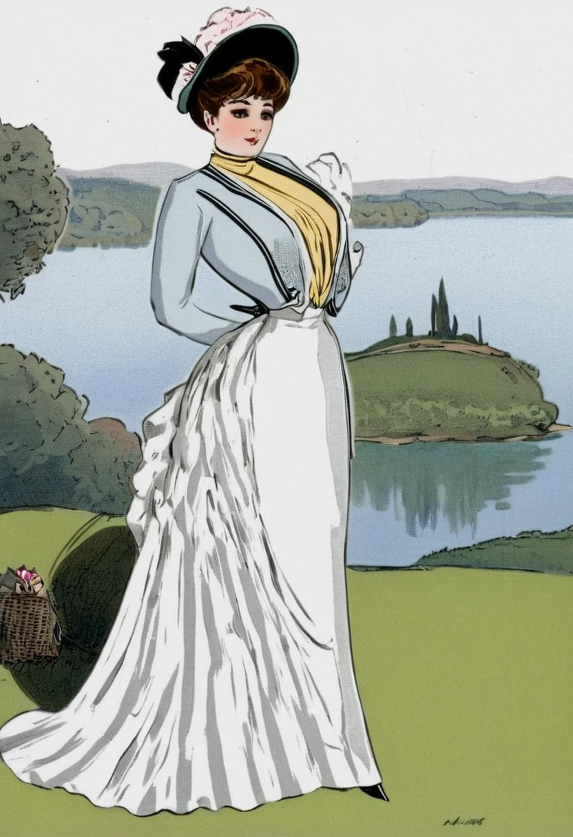 Illustration of Midge Klump as a 15yo coquette having a picnic by the lake, waiting on all fours. 1900_dr3ss. Year 1901. Lonely field backdrop. Brunette pompadour with split curls. Wearing high-neck gown with long sleeves, flower-brimmed hat, gloves, skirt and petticoats lifted, silk stockings, boots. Massive breasts, tiny wasp waist, huge bubble butt. Rapemeat, flirting, winking one eye. NSFW