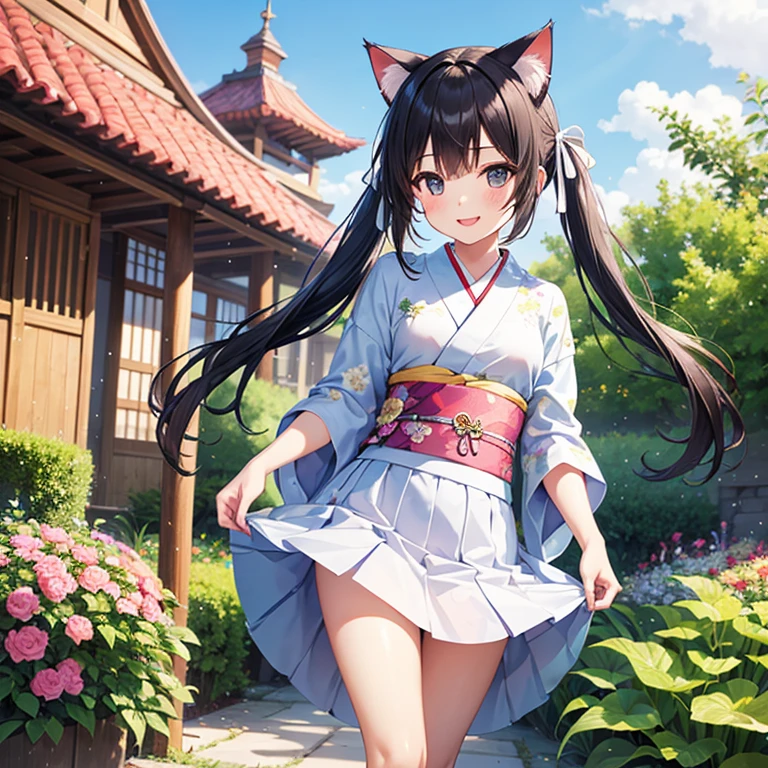 score_9,score_8_up,score_7_up,source_anime,perfect anatomy,score_9,score_8_up,score_7_up,source_anime,perfect anatomy, masterpiece, best quality, very aesthetic, absurdres, highly detailed, 1girl, maekawa miku, green eyes, solo, breasts, looking at viewer, smile, short hair, hair ornament, short kimono, dress, thighhighs, animal ears, closed mouth, cleavage, bare shoulders, medium breasts, ponytail, frills, detached sleeves, cat ears, fake animal ears, detached collar, bell, leaning forward, floral print, garter straps