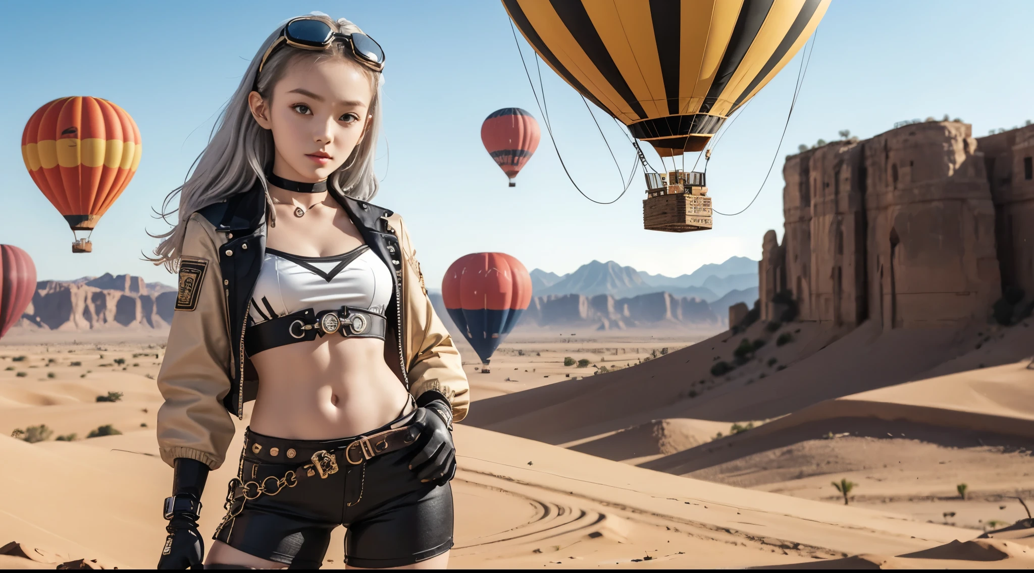 girl, sexy steampunk, crop top, (tiny tweeny, cute:1.6), (breasts:1.2), shorts, welding goggles, long hair, looking at viewer, choker, navel, thighs, gloves, sharp focus, desert, air balloon, blurry background, bokeh, white hair, black parts, red eyeshadow, black lipstick, white aristicratic jacket, black tight pants, golden elements, red elements, super details, best quality, manipulator, dominator, highleg strap,