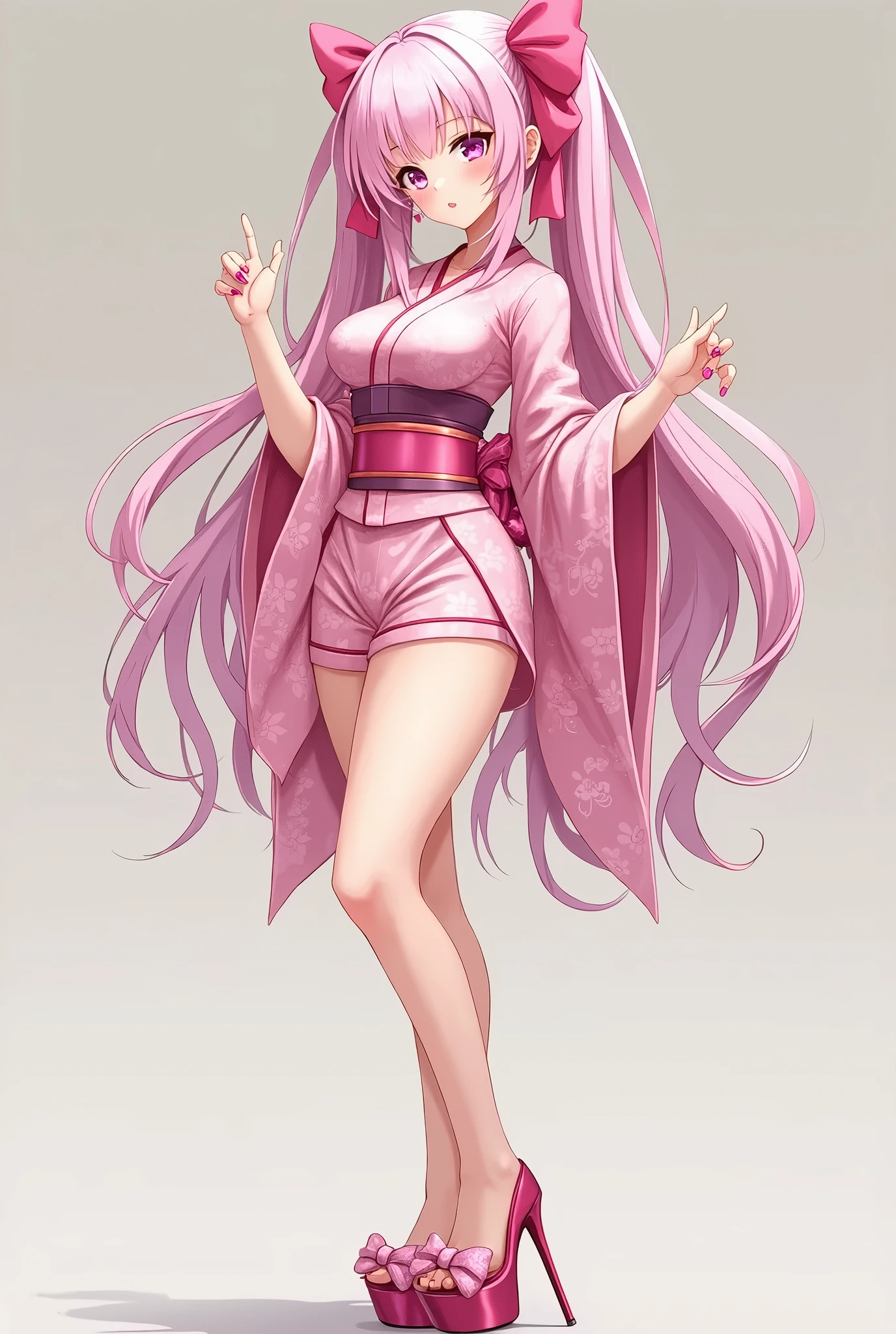 One Barbie, ((Full body)), Blue eyes, Smiling face, Hair loss swaying in the wind, Hip Hop Singer Pose, Dressed in hip-hop style, Wearing a pink kimono that reflects light,swarovski,pasties,With a pink bow on the arm, Fashion, Extremely high quality, high details, 8K, clean back ground, in studio, ((Full body shot)),Align your fingers neatly,Accurate Hand Modeling,wave her hand,