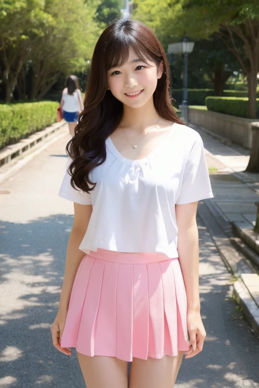 (10、RAW Photos、Best Quality、masterpiece:1.2)、(Realistic, Realistic:1.4)、Very detailed、Ultra-high resolution、Cute Japanese College Girl、lightweight,、Light white summer clothing、Tight light pink mini skirt、Photo-Like Skin Texture、Medium Hair、An innocent smile、: : About 155cm、Front、Warm colors、whole body、I see your knees、Small Bust、I can see your chest