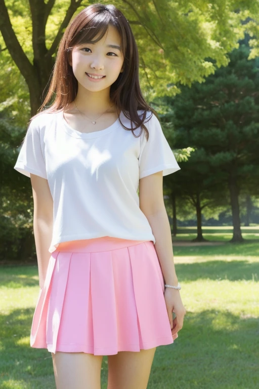 (10、RAW Photos、Best Quality、masterpiece:1.2)、(Realistic, Realistic:1.4)、Very detailed、Ultra-high resolution、Cute Japanese College Girl、lightweight,、Light white summer clothing、Tight light pink mini skirt、Photo-Like Skin Texture、Medium Hair、An innocent smile、: : About 155cm、Front、Warm colors、whole body、I see your knees、Small Bust、I can see your chest