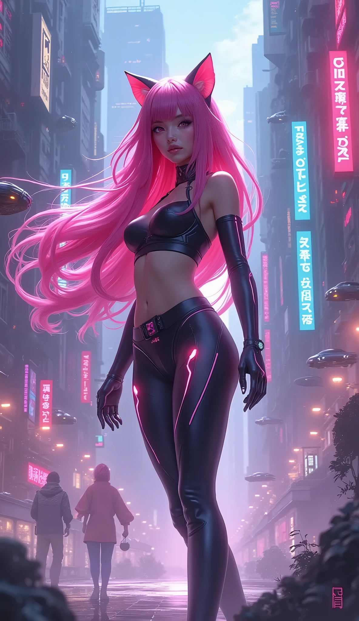 A woman, pink hair, long hair, blue eyes, latex costume, in an empty city