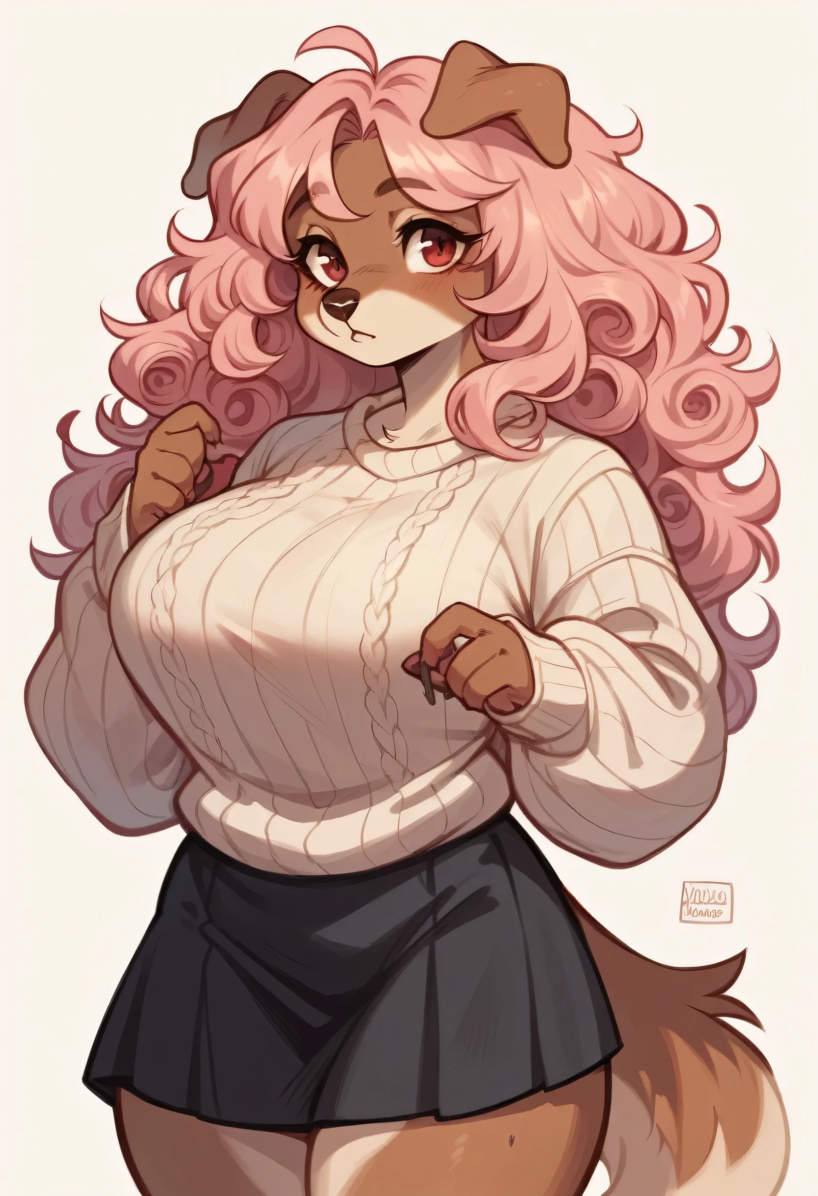 female anthro Snow leopard,Brown long fluffy hair, fluffy hair, squirrel ears, hyena, big breasts, attractive, pink shirt, black pants thicc body, thicc body, thicc, freckles, freckles on face, neutral expression, smug eyes, she is standing (thick thighs:1.5)