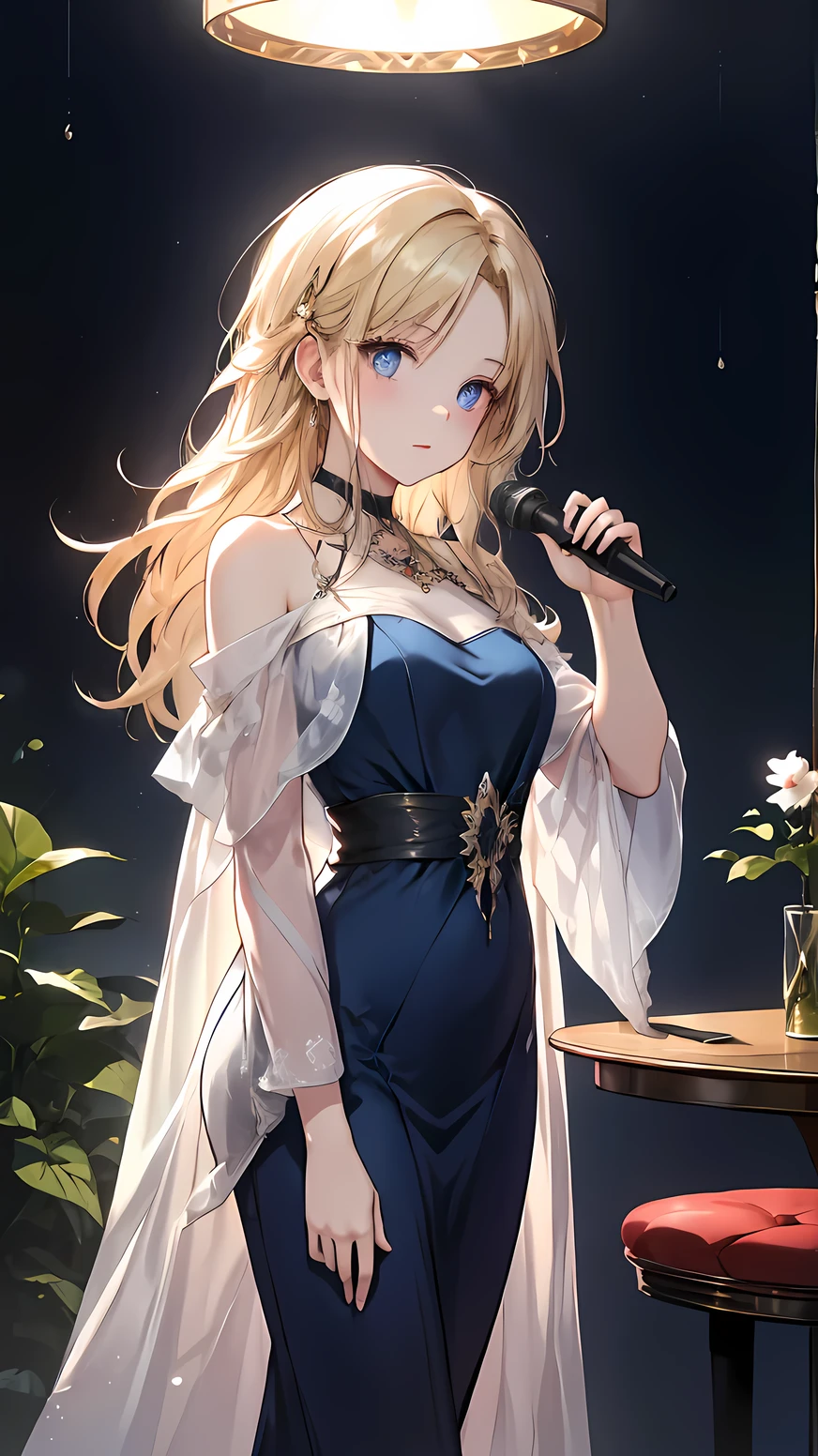 ((best quality)), ((masterpiece)), (detailed), perfect face, high detailed eyes, A scene in a sophisticated night lounge featuring a jazz singer, a blonde woman, dressed in an elegant, dark blue, floor-length gown. She stands on a small stage with dim, warm lighting, holding a vintage microphone, while a jazz band plays softly in the background. The lounge is filled with round tables and plush velvet chairs, with guests enjoying cocktails. The atmosphere is moody and intimate, with a smoky haze and low, ambient light. The singer has a charismatic expression as she sings, embodying the spirit of classic jazz in a luxurious setting