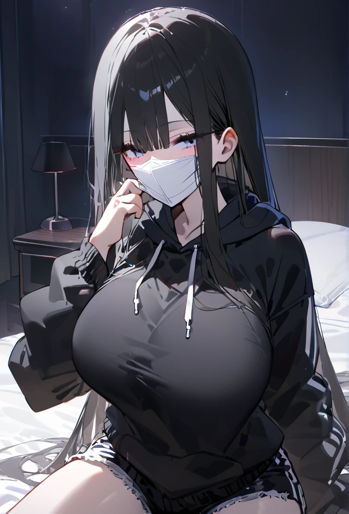 White skin，Black Hair，Long Hair，Straight hair，Mask to cover the mouth，Black hoodie，Big Breasts，Dark Room，bed，smile，Shorts