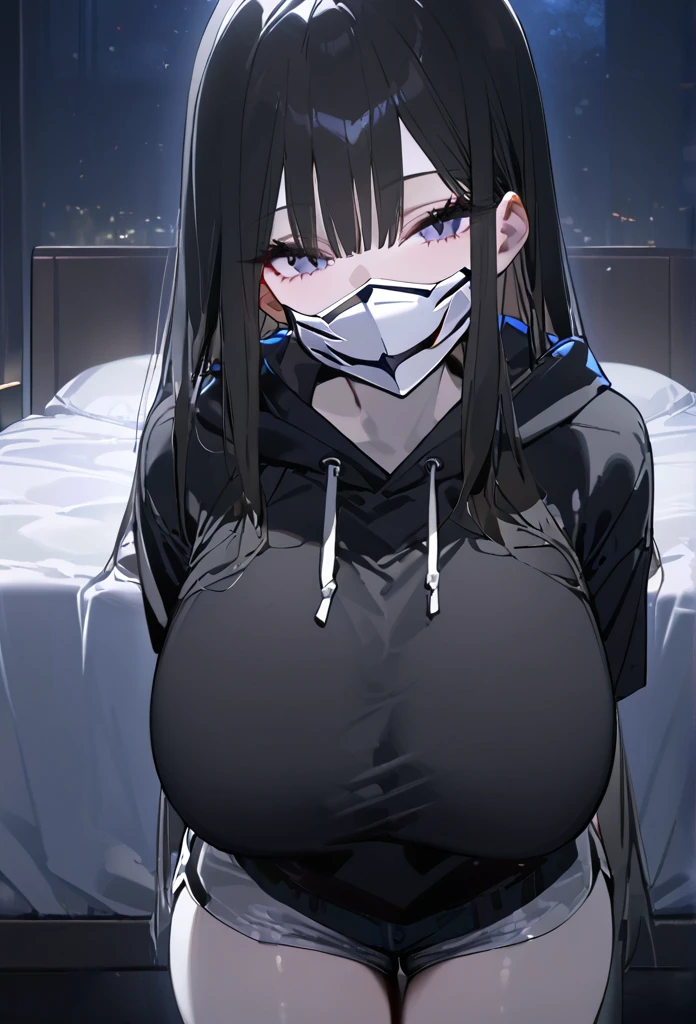 White skin，Black Hair，Long Hair，Straight hair，Mask to cover the mouth，Black hoodie，Big Breasts，Dark Room，bed，smile，Shorts