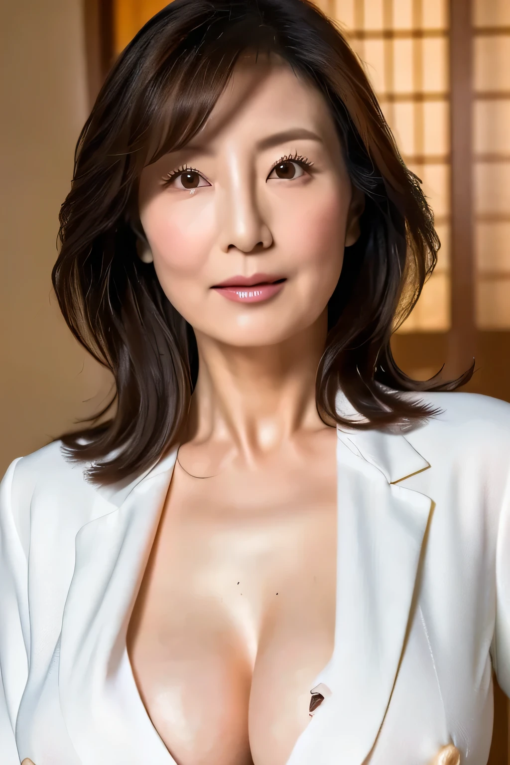 45 years old,one woman,suit,stockings,whole body,big eyes,smiling,medium hair,from front,hot spring,high quality,photorealistic,japanese,attractive mature lady