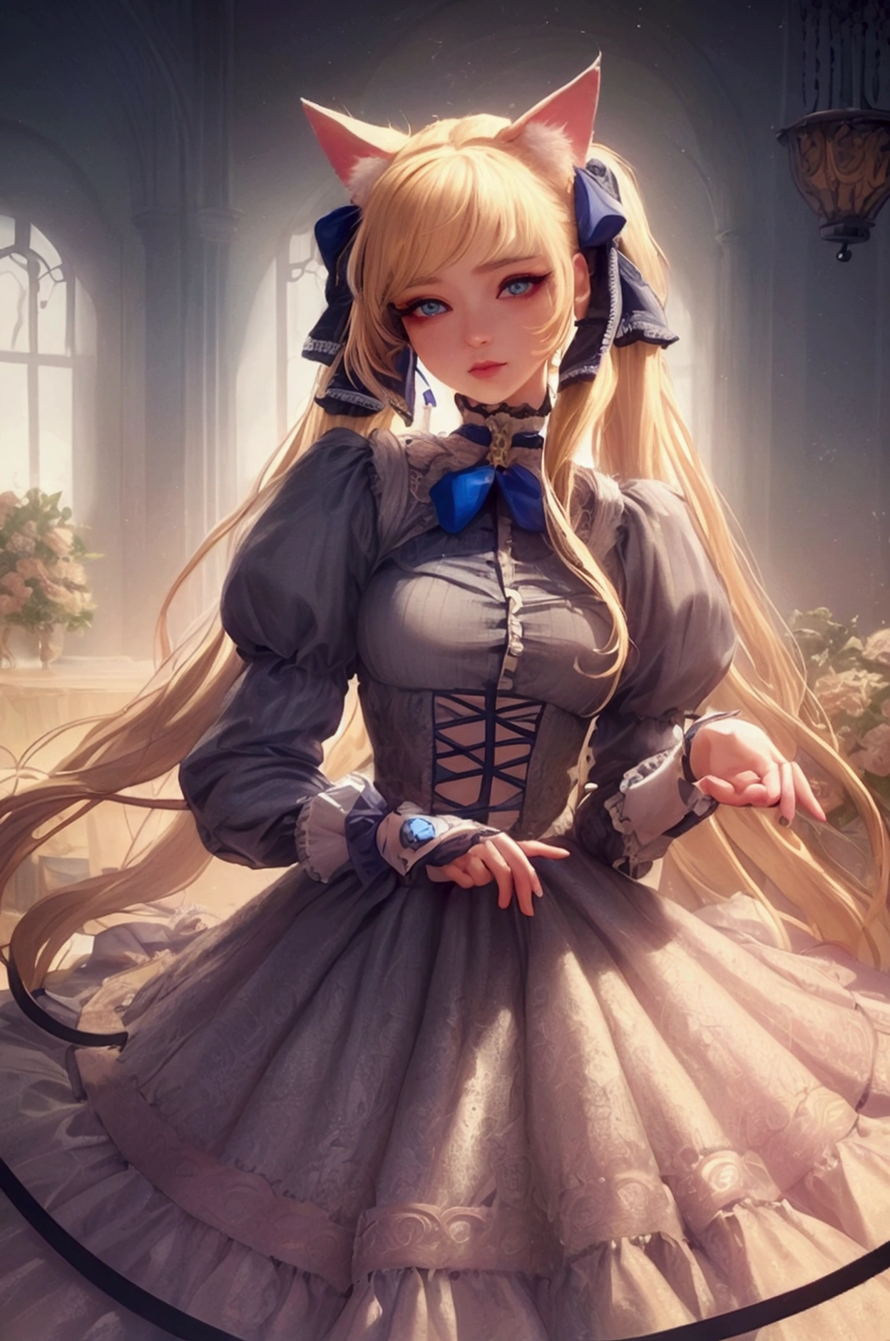 1girl, beautiful detailed eyes, beautiful detailed lips, extremely detailed eyes and face, long eyelashes, blonde hair, blue eyes, hair ornament, ribbon, twintails, cat ears, animal ears, pov, motion lines, elegant, victorian era beautiful, realistic, photorealistic, photo-realistic:1.37, best quality, 4k, 8k, highres, masterpiece:1.2, ultra-detailed, realistic, vivid colors, studio lighting, physically-based rendering, extreme detail description, professional, beautiful natural lighting, intricate details, anime