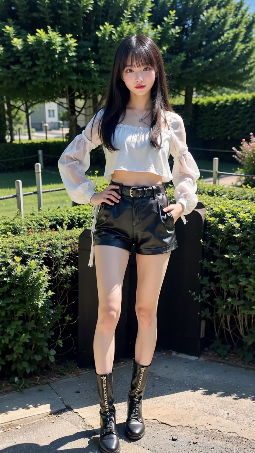 (8k、RAW Photos、Best Quality、masterpiece:1.2)、(Realistic、Realistic)、1 person、((See-through、smile、belt、Straight Hair、Black shorts、Thin legs、boots、View from the front、Looking into the camera、garden、Stand with hands on hips))、cute