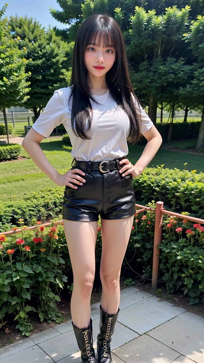 (8k、RAW Photos、Best Quality、masterpiece:1.2)、(Realistic、Realistic)、1 person、((See-through、smile、belt、Straight Hair、Black shorts、Thin legs、boots、View from the front、Looking into the camera、garden、Stand with hands on hips))、cute