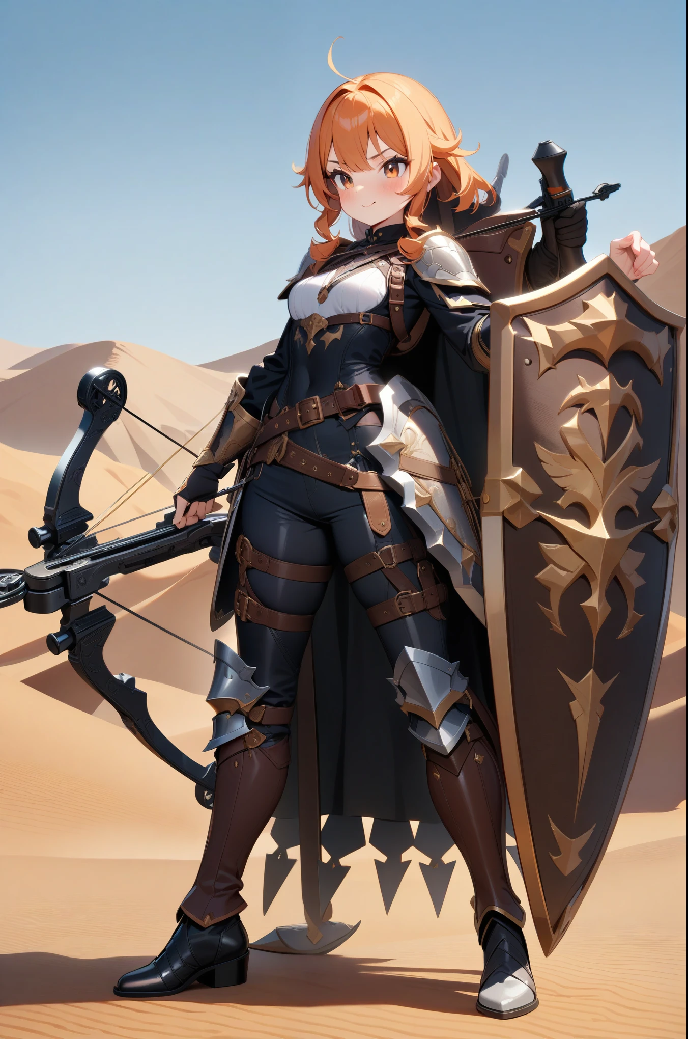 masterpiece, Best Quality, High resolution, solo, 1girl, Full body, Description Girls, detail hands, Detail fingers, Detail Face, cute face, detail legs, overdetailed art, Fine details, small breasts, orange hair, gibson tack hair, brown eyes, black ribbon, breasts plate, greave, sabatons, belts, cuisse, ((crossbow)), (large shield on back), desert, fort