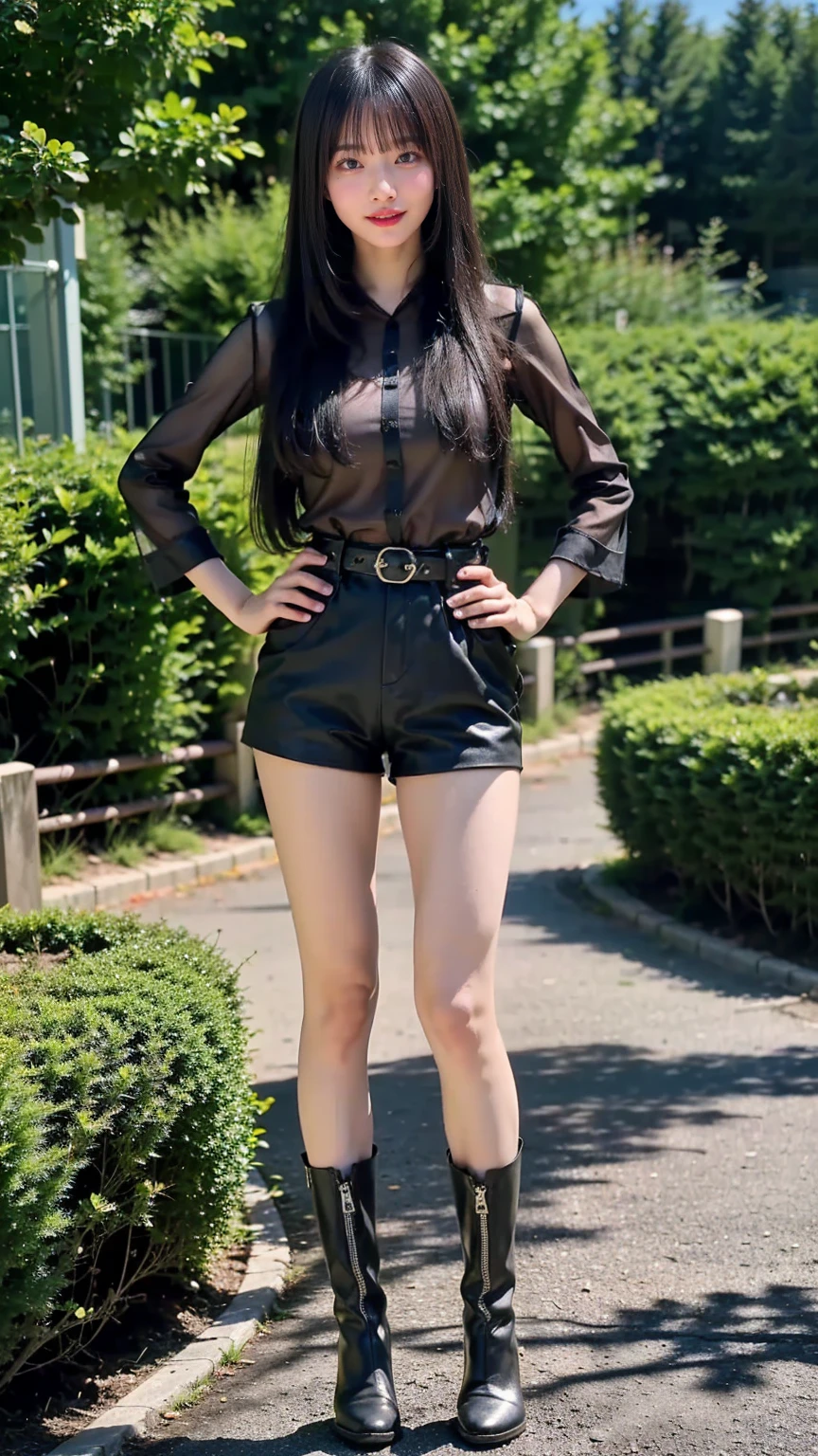 (8k、RAW Photos、Best Quality、masterpiece:1.2)、(Realistic、Realistic)、1 person、((See-through、smile、belt、Straight Hair、Black shorts、Thin legs、boots、View from the front、Smile、Looking into the camera、garden、Stand with hands on hips))、cute