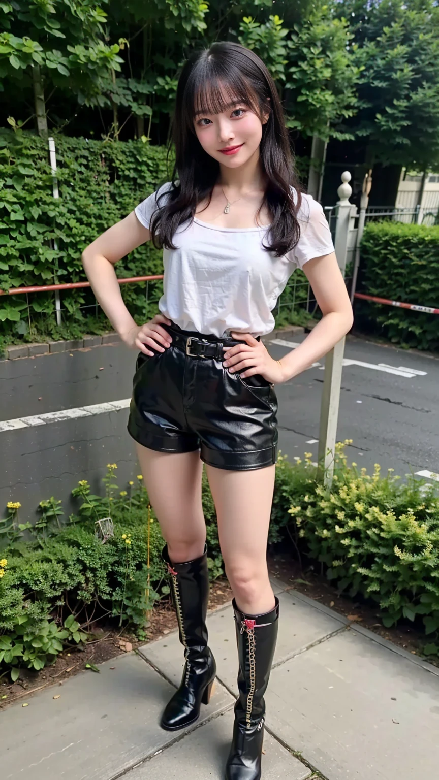 (8k、RAW Photos、Best Quality、masterpiece:1.2)、(Realistic、Realistic)、1 person、((See-through、smile、belt、Medium Hair、Black shorts、Thin legs、boots、View from the front、Smile、Looking into the camera、garden、Stand with hands on hips))、cute