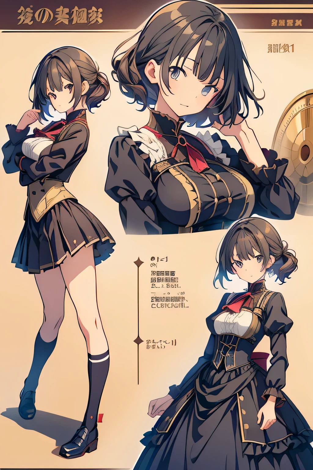 anime woman detailed victorian military dress, oversize, character design sheet, high reels, different poses, different angles