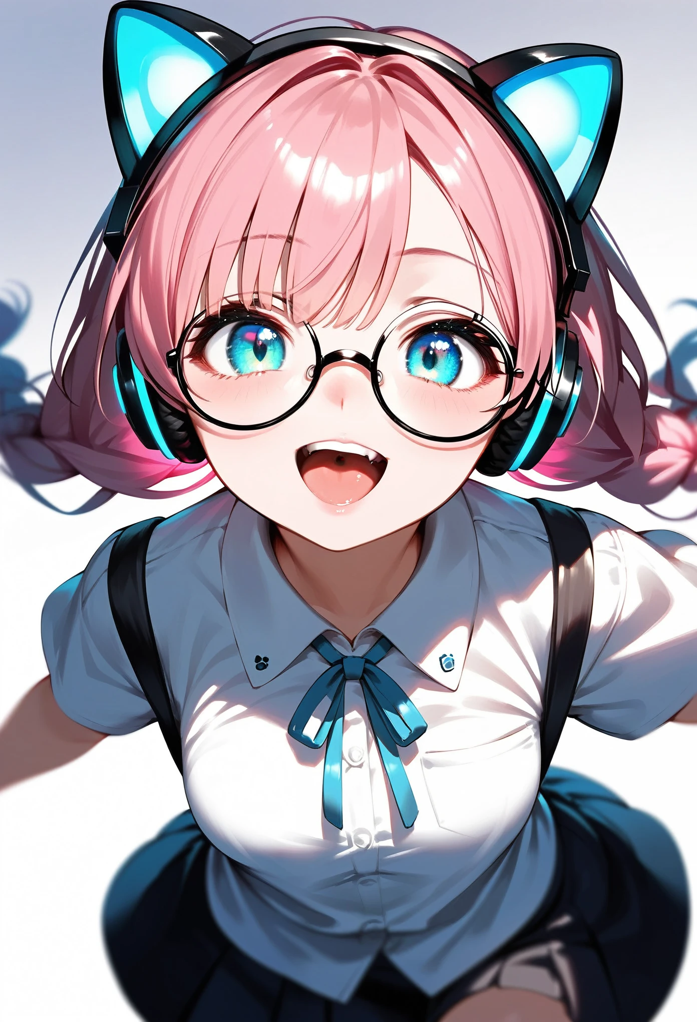 (best quality:1.2), (ultra-detailed:1.2), (2.5D:1.2), (Anime Moe Art Style), 1girl , pink hair, Cyan eyes, gradient eyes, twin braids, blue Glowing cat ear headphones, black round glasses, collared shirt, smile beam, open mouth, dynamic angle, dynamic pose, simple background, face focus, from above, point at viewer