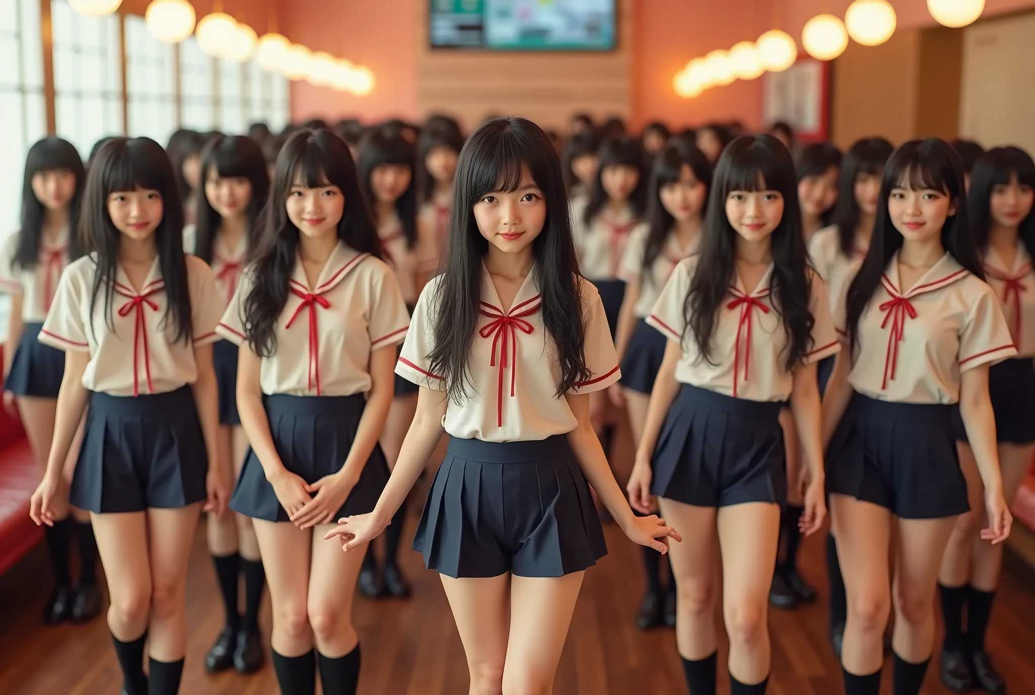 (8k、Raw photography、highest quality、masterpiece:1.2),(Black Hair:1.5),(Mr...々Cute hairstyle、Bobcut、Very short hair、ponytail、Twin tails:1.4),(6 high school girls、The girls are all very beautiful、Wearing uniform:1.6)、(Checked skirt: 1.2)、((Clothing that emphasizes the shape of your chest、Big Breasts:1.6))、(Group attendance at school:1.4)、Ultra-high resolution,(grassland:1.3)、(Japanese women: 1.2),(Photorealistic:1.37)、Photon Mapping,reality、(Everyone is so cute, like an idol: 1.7)、(Cute Smile: 1.7)、(Round face: 1.8)、(Baby Face: 1.2)、Radio City、Physically Based Rendering、Depth of field rally background、photograph, (Wearing a skirt that is too short: 2.0)、((Ultra mini skirt、Her skirt is short:1.4)),((All of them are wearing very short skirts、Angle from below、Beautiful thighs: 1.6))、whole body、Super quality、((Show your vagina:1.6)),(6 high school girls lift up the skirt:1.39)、A very cute young-looking girl:1.2、Thin body,Thin legs,(Very small face),(Browsing Caution:1.15)