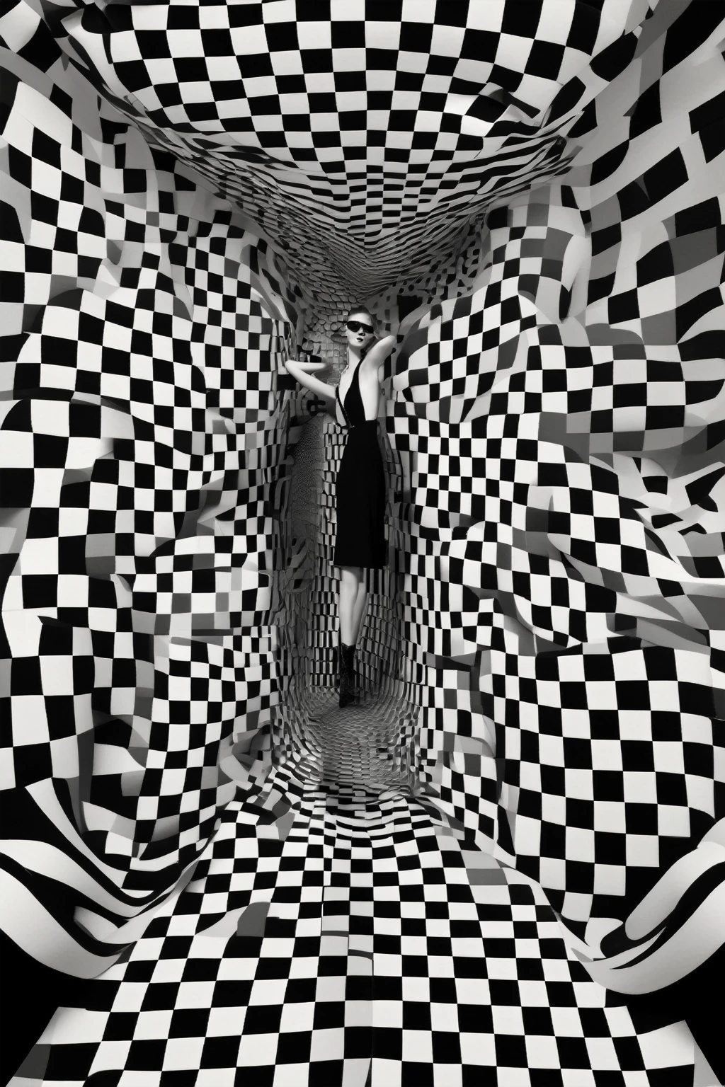 Op Art - Step into the world of Op Art Fashion, Where brocade and chintz fabrics come to life with pixelated plaid designs. Create a captivating sense of movement、Get ready to be mesmerized by optical illusions and swirling parabolic shapes.。. This composition is a visual treat, Intricate patterns and bold colors that capture the imagination. The interplay of light and shadow gives depth and dimension, Enhance the overall optical effect. Step into this world of luxury fashion, Prepare to be mesmerized by the dynamic, ever-changing visual illusions this style offers.. Get ready to make a fashion statement like no other with this captivating Op Art Fashion masterpiece. Award-winning photography style, Op Art Fashion, Super Resolution.