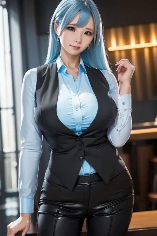 Mature woman with long light blue hair,, Wear a black business vest, Wear black business pants, bartender, UV lamp