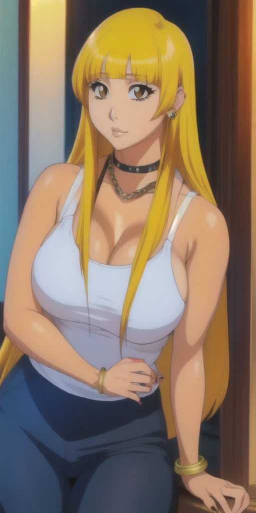 Orihime Inoue,Bleach artstyle,Big breast,Enchanted big breast,Tanned skin,Thick lips,Eyelash,Big Hoopa earring,Gold chain necklace,Circle piercing in lips,Leopard colored Tank top,Cleavage,thin black colored pants,Curvy figure,Plump,Hoopa bracelet,Hime cut bang hairstyle,Mature,Milf,yanmama,Long nail,Wedding ring,Side burn visible,look at viewer,yellow blond color hair,head facing front,Messy hair,Mullet hair,High quality,Highres,Side locks slicked behind ear