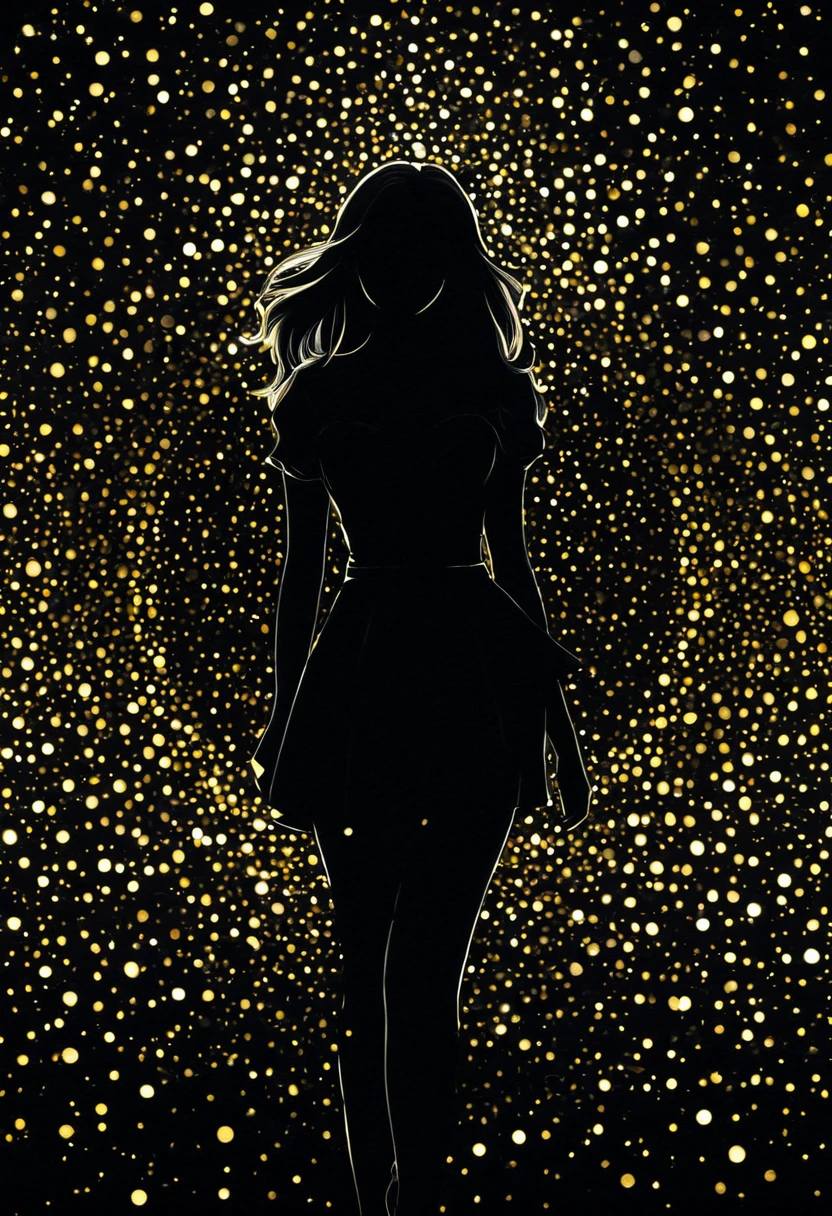 Black pencil shading, Charcoal drawing, coloring paper, Pencil drawing, Brutal Dark B/w color scheme, Golden Pattern,
Poster, close, full length, Shadow Art. One girl, Realistic, Glow Frame, Backlight colors, silhouette colors, Space Frame, beautiful woman in frame, silhouette, Backlight, bright, Magical Night Sky, Illustration, soft, beautiful, Dreamy, Realistic, professional, Simple, Sparkling Night Sky, Very detailed, Super detailed, Illustration, Semi-finished sketch, Half Color Sketch, anime, masterpiece, bright colors, High Contrast, bright lighting, dark Simple background,