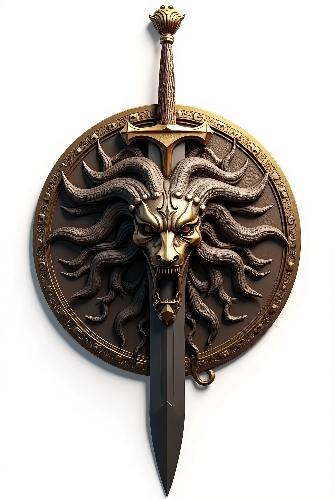 a sword on a bronze round shield of Athena with the head of the gorgon medusa, epic fantasy, art déco style, white background, highly detailed, (best quality,4k,8k,highres,masterpiece:1.2),ultra-detailed,(realistic,photorealistic,photo-realistic:1.37),intricate textures, dramatic lighting, cinematic composition, heroic, grand scale, sweeping camera angle