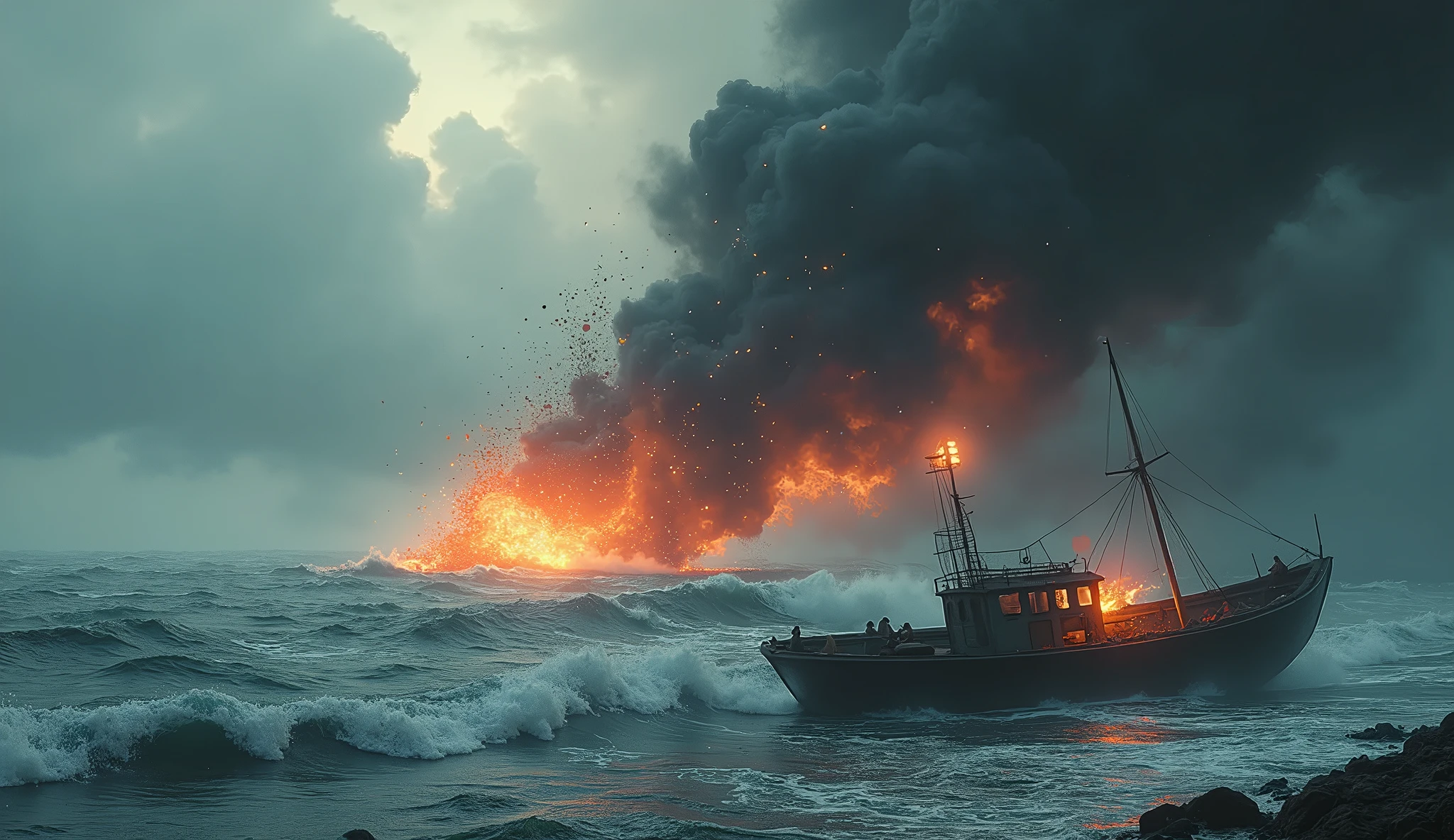 There's a big boat that's in the water with smoke coming out of it, navios em chamas, Navios em chamas, Directed by: Roman Bezpalkiv, oceano em chamas, Directed by: Mike Winkelmann, Directed by: Nikola Avramov, O mundo em chamas, 3 d epic illustrations, fires!! hiper-realista, bela arte digital, realistic explosion
