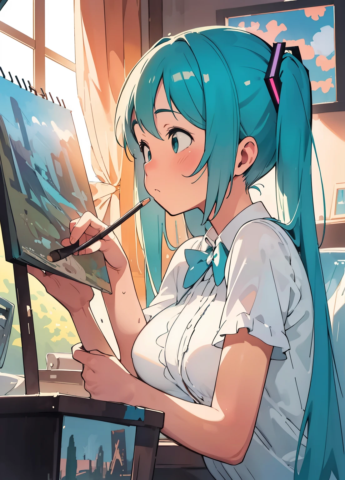(masterpiece、Best Quality、Best Quality、Official Art、Beautiful and beautiful:1.2)、(One person:1.3)Hatsune Miku、Twin tails,Beautiful breasts,Charles, Bukowski, Dark Photos: Realistic epic, Soft, cinematic portraits, adobe lightroom, Photo Lab, Very detailed, Faded, art by Greg Rutkowski and Artgerm ,Neutral Colors: 1,2), (High resolution: 1,4) , (Soft colors:1.2), hyperdetailed, (Art Station:1.4), cinematic, Warm Light, Dramatic light, (Intricate details:1.1), Complex background, (Rutkowski:0.66), (Blue and Orange:0.4)  