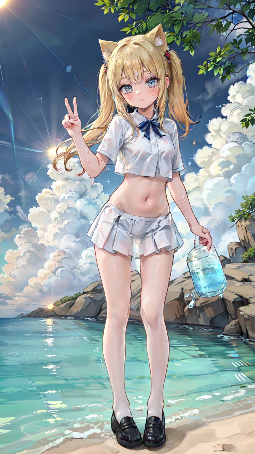 1 girl, Being on the beach, Full Body Standing, Sexy pose, Sunshine Beam, blue sky, White cute bikini, Shiny reflective clothing, Moderate Blessings, Long silver hair, Twin tail hair, Drop your eyes, Drop Smile, Wet, Splash, water, Dutch Angle, Lenz Flare, Written boundary depth, twist, Bokeh, Glitter Effect,