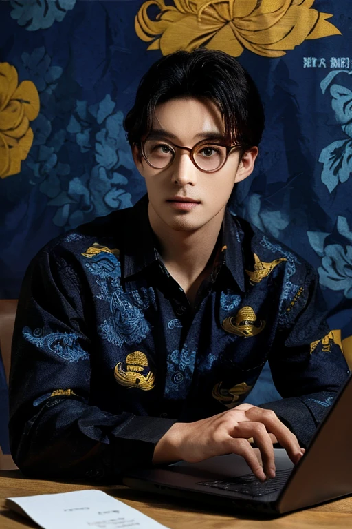 (((masterpiece))), (((best quality))), 1male , batik-kopri, blue shirt, form fitting, red glasses, sitting, typing, laptop, printer, looking at viewer , long sleeves, incredibly intricate and fine details, office background, bokeh dynamic poses, dynamic angles, 