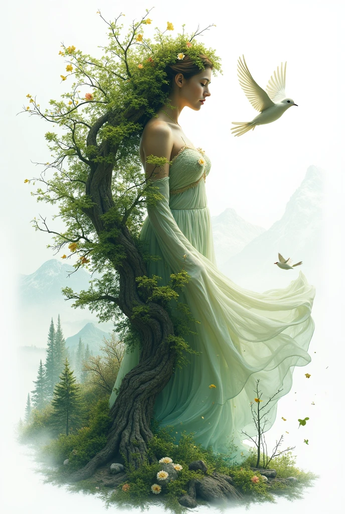 A blend of a woman's body and nature, forest, animals, birds, mountain, river , white background