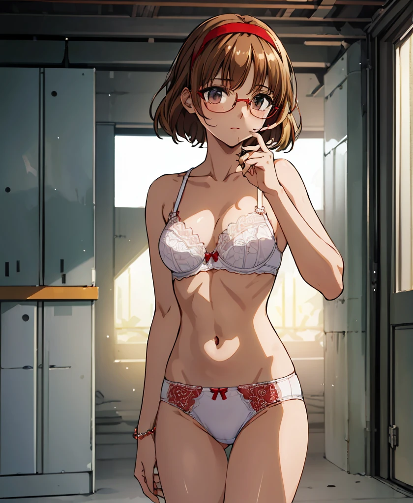 Phoenix Temple,One Girl,short hair,Light brown hair,Glasses、Embarrassed face,((Red Hairband)),masterpiece,Noise reduction,Perfect Anatomy,High resolution, Very detailed,Game CG,Cowboy Shot ,Attention to beautiful details,Visual Arts,Five fingers, Perfect hands, Perfect lighting,In underwear、bra、Panties、Western-style room