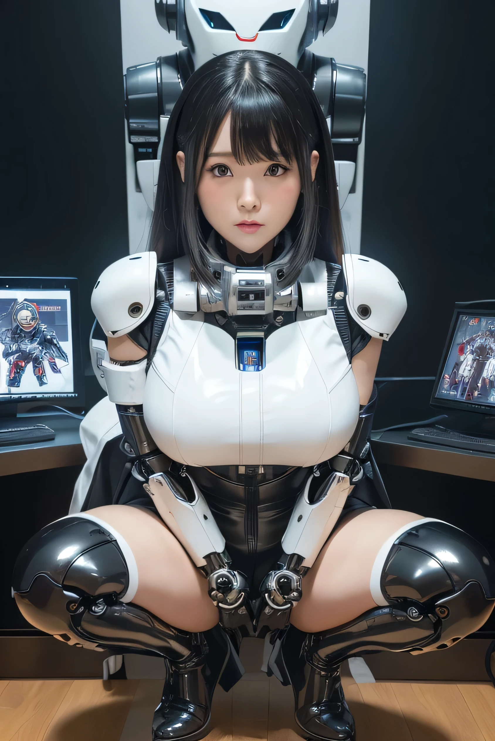 masterpiece, Highest quality, Very detailed,Portraiture, Japanese Android girl,Plump,Slightly thicker,Control panel,robot arms,robot,Android,cyborg,white robot body,Blunt bangs,robot repair plant,White and black bodysuit,cockpit,Harness Belt