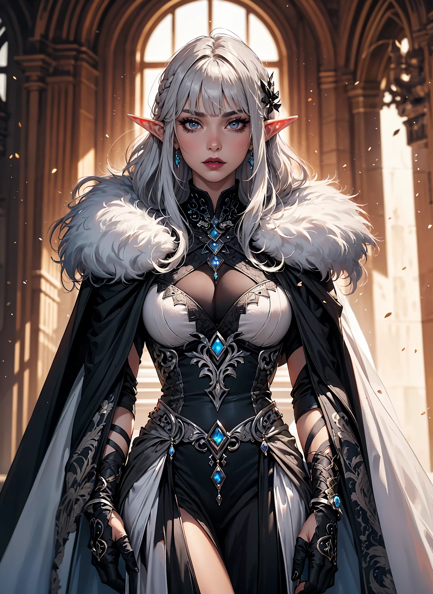 ((best quality, ultra detailed)), epic fantasy digital artwork, masterwork, high resolution, art in the style of Guweiz, Guweiz, Correct anatomy, a 22 year old mature woman, pale skin, perfect body, medium breasts, incomparable beauty, ((((has long white hair with blunt bangs)))), Perfect face, serious and imposing face, ((white eyebrows and eyelashes)), beautiful and detailed eyes, (((serious eyes, heterochromia purple and blue eyes))), Elf, elven woman, (((long pointed ears))), ((((she wears a conservative, sky blue and gold long queen gown made of richly embroidered silk with detailed lace, puffed sleeves)))), cold weather cape made of white wool with fur collar, refined long evening gloves, ((she wears a black choker adorned with gold and a ruby in the center)), facing the viewer, RPG character image, in a medieval castle office, winter landscape, misty atmosphere, 4k, character design, generate with SFW