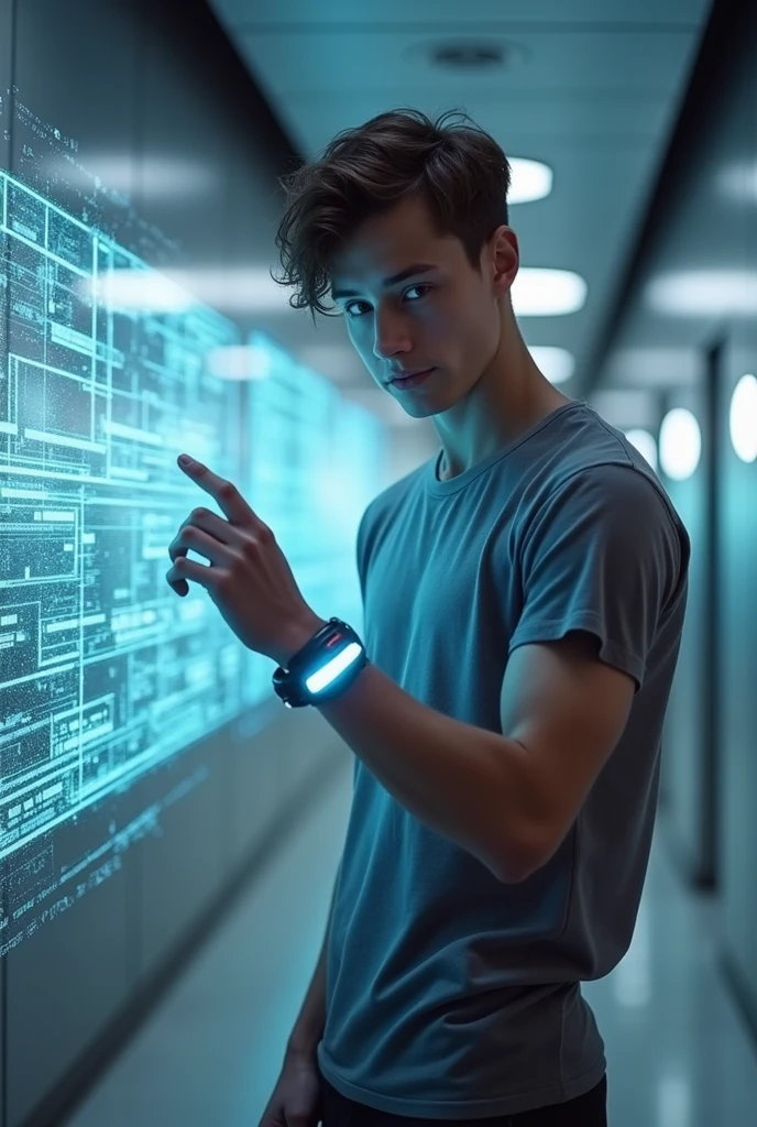 r man with a futuristic bracelet, that displays a screen in the air