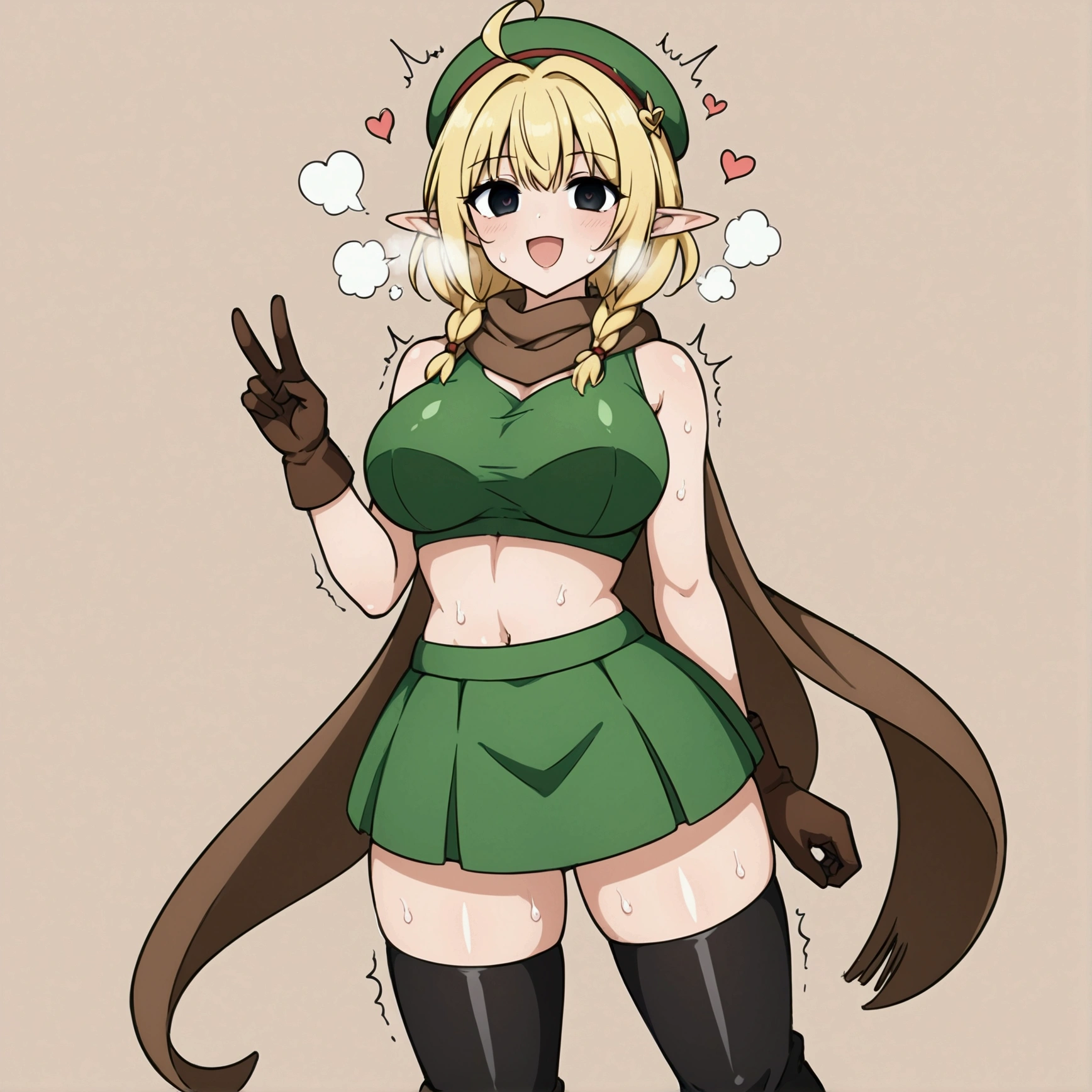 Parisian,1woman,elf,short hair,twin braids,Blonde,(slender),ahoge,empty eyes,black eyes、big breasts,tall,brown gloves,(black thigh highs)、(small black beret)、Brown scarf、green crop top,sleeveless,green mini skirt,(brown knee boots),Thin thighs、speed lines, trembling, motion lines, shaking, Heart Eyes,love,happy,steam,heavy breathing,sweaty body,netorare,looking at viewer,aroused、peace sign